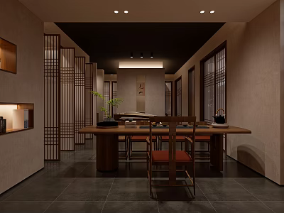 Traditional Chinese Teahouse Interior With Wooden Table Lattice Screens Green Plants And Hanging Scrolls 3d model