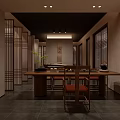 Traditional Chinese Teahouse Interior With Wooden Table Lattice Screens Green Plants And Hanging Scrolls