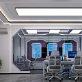 Modern Control Room with Blue Digital Screens Workstations and Glowing Lights