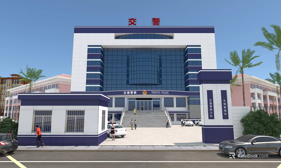 Traffic Police Station Building With Blue White Exterior Glass Curtain Wall And Steps 3d model 