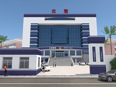 Traffic Police Station Building With Blue White Exterior Glass Curtain Wall And Steps 3d model