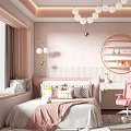 Pink Kids Room Interior With Round Mirror Bed Pink Chair Bookshelf And Decorative Painting