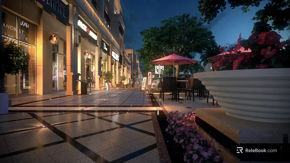 Tranquil Evening Scenery With Trees Flowers Paved Walkway And Soft Lighting 3d model 