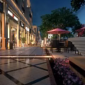 Tranquil Evening Scenery With Trees Flowers Paved Walkway And Soft Lighting