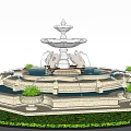 Ornate Circular Fountain With Tiered Structure And Decorative Pool Edge Surrounded by Lush Greenery