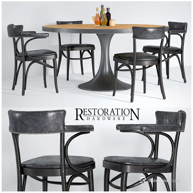 Classic Round Dining Table With Black Leather Armchairs Wooden Tabletop And Metal Base Design 3d model 