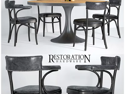 Classic Round Dining Table With Black Leather Armchairs Wooden Tabletop And Metal Base Design 3d model