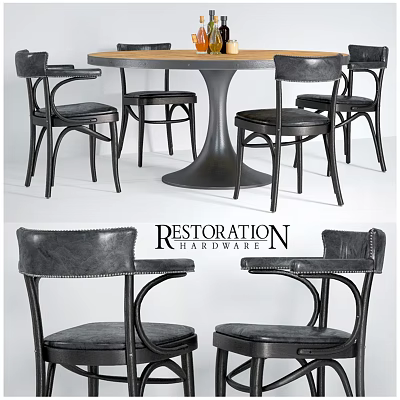 Classic Round Dining Table With Black Leather Armchairs Wooden Tabletop And Metal Base Design 3d model