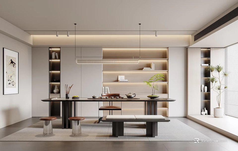 Modern Tea Room Interior With Table Seats Shelves And Lighting 3d model