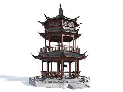 Traditional Chinese Pagoda With Multi layered Wooden Structure Curved Eaves Black Roof Stone Base Steps 3d model