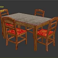 Wooden Dining Set with Marble Tabletop Four Chairs and Red Patterned Cushions 3d model