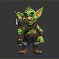Green Goblin Character With Mohawk Hairstyle Pointed Ears Brown Scarf Belt Blue Shorts And Hammer