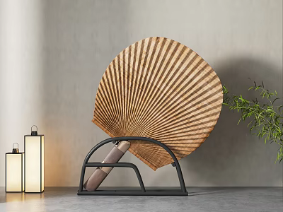 Decorative Ornament Set With Fan Shaped Decor Black Metal Stand Lantern Lamps And Green Plant 3d model