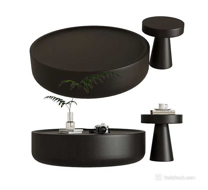 Black Round Coffee Table With Side Tables Plants Camera Books And Cups 3d model