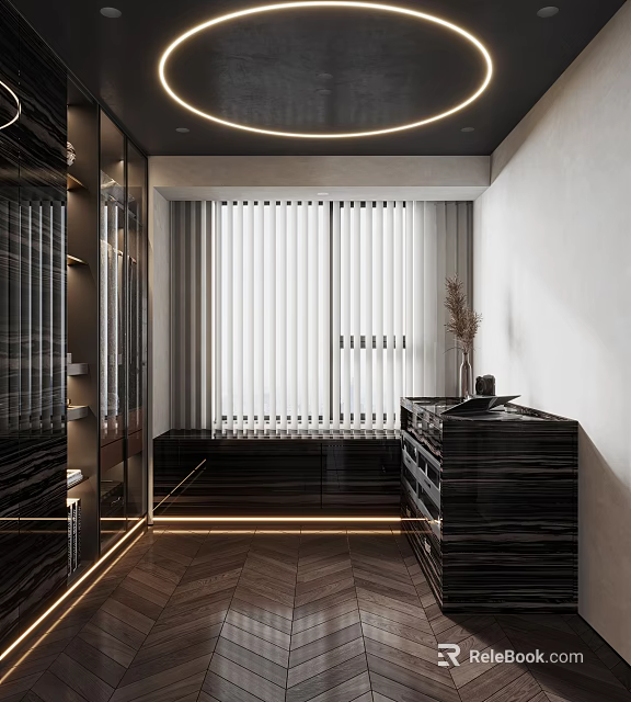 Modern Walk In Closet Interior With Black Cabinets Glass Doors And LED Lighting 3d model 