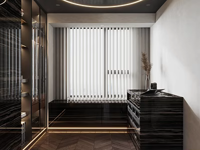 Modern Walk In Closet Interior With Black Cabinets Glass Doors And LED Lighting 3d model