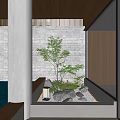 Indoor Landscape with Wooden Ceiling Concrete Column Stone Wall Pond Trees Rocks Lantern and Bench