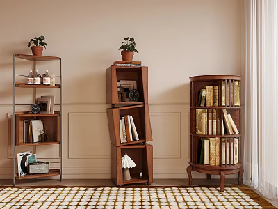 Wooden Bookshelves With Decorative Plants And Books In Living Room Design 3d model