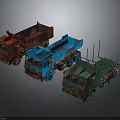 Three Colorful Construction Trucks Featuring Red Blue Green Dump And Flatbed Models