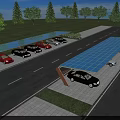Solar Panel Canopy Covered Parking Lot With Parked Cars Trees And Road