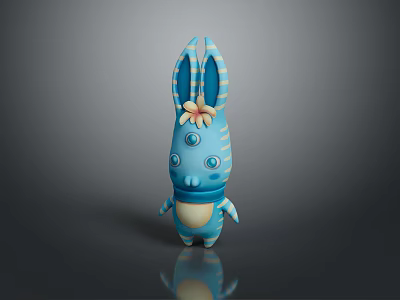 Blue Cartoon Rabbit Toy With Long Striped Ears Flower On Head And Multiple Eyes 3d model