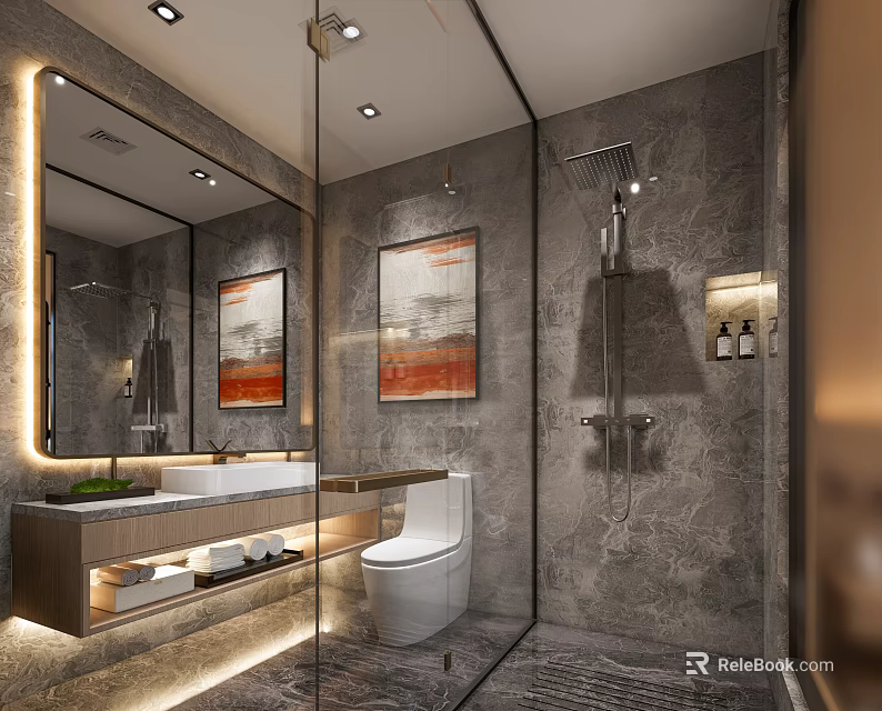Hotel Bathroom Modern Design With Large Mirror Wooden Vanity Gray Marble Walls And Decorative Paintings 3d model 