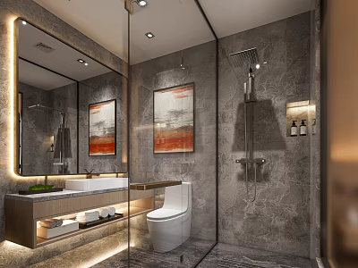 Hotel Bathroom Modern Design With Large Mirror Wooden Vanity Gray Marble Walls And Decorative Paintings 3d model