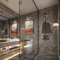 Hotel Bathroom Modern Design With Large Mirror Wooden Vanity Gray Marble Walls And Decorative Paintings