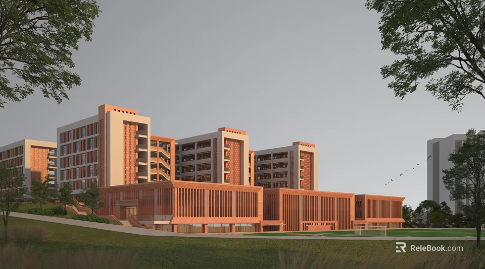 Red Brick Multi Story School Building Surrounded By Green Lawn And Trees 3d model 