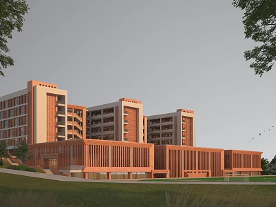 Red Brick Multi Story School Building Surrounded By Green Lawn And Trees 3d model