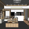 Modern Bakery Interior With Wooden Counters Fresh Baked Goods In Glass Display Cases And Stools