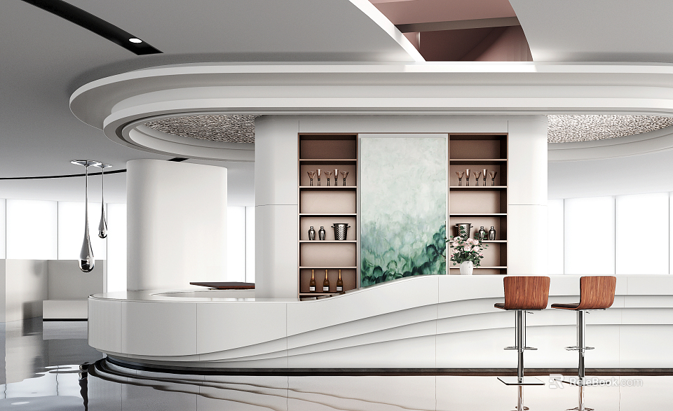 Modern Store Front Desk Design With Curved Structure White Countertop And Brown Bar Stools 3d model 
