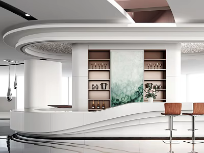 Modern Store Front Desk Design With Curved Structure White Countertop And Brown Bar Stools 3d model