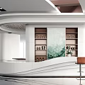 Modern Store Front Desk Design With Curved Structure White Countertop And Brown Bar Stools