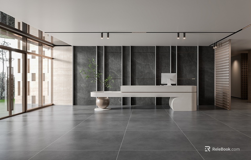 Modern Reception Interior Design With White Desk Gray Walls Plant And Lighting 3d model 