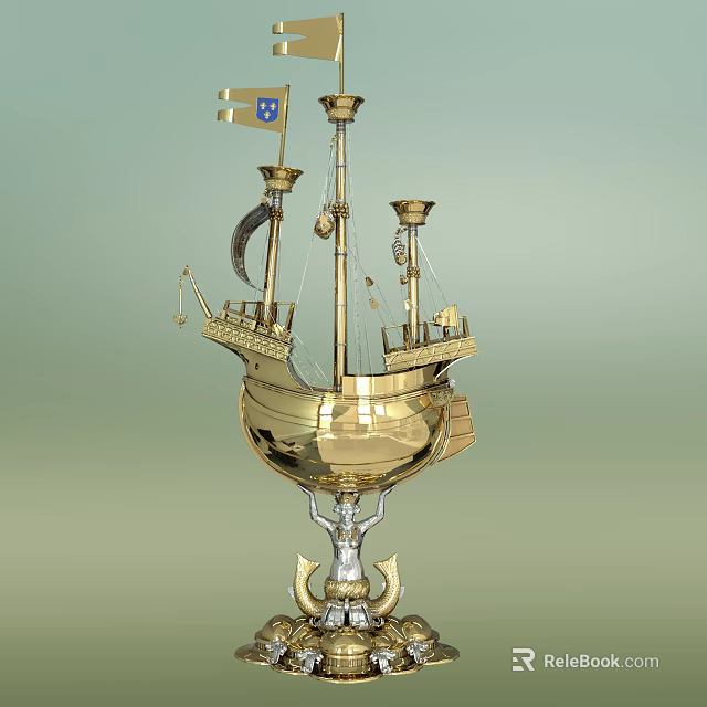 Intricate Golden Ship Sculpture With Mast Sail And Elegant Decorative Base 3d model 