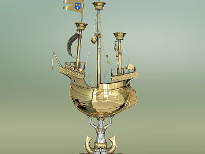 Intricate Golden Ship Sculpture With Mast Sail And Elegant Decorative Base 3d model