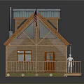 Classic Wooden House With Blue Roof American Flag Porch Skylight And Front Figure
