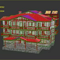 Cartoon Style Three Story Building With Red Roof Wooden Balconies Stone Walls And Solar Panels