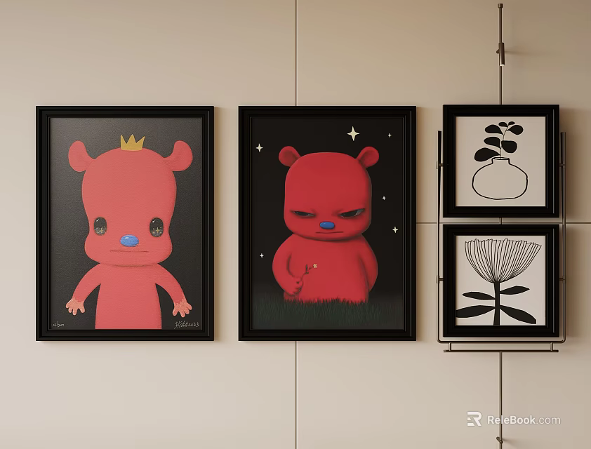 Abstract Paintings with Red Bear Crown Grass and Black White Plant Patterns 3d model