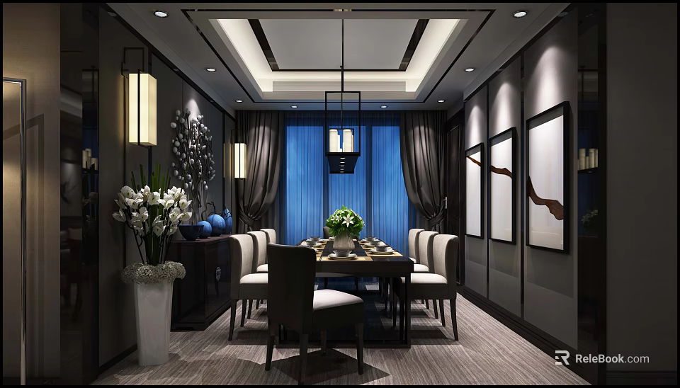 Elegant Restaurant Interior With Dark Walls Blue Curtains Hanging Light Framed Artworks And Dining Table 3d model 