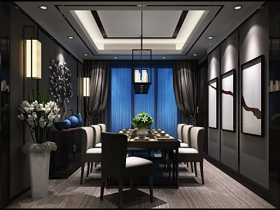 Elegant Restaurant Interior With Dark Walls Blue Curtains Hanging Light Framed Artworks And Dining Table 3d model