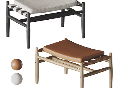 Modern Minimalist Wooden Stools With Gray Fabric Brown Leather Seats Black And Natural Legs 3d model