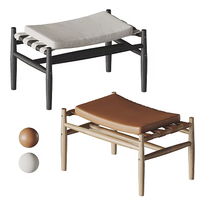 Modern Minimalist Wooden Stools With Gray Fabric Brown Leather Seats Black And Natural Legs 3d model