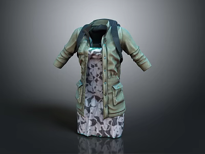 Olive Green Coat With Patterned Dress Layered Fashion Clothing Design With Pockets 3d model