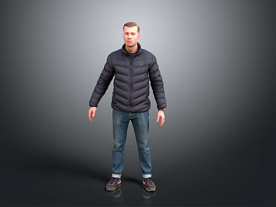 Man Full Body Standing in Gray Background Wearing Black Puffer Jacket and Blue Jeans 3d model