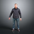 Man Full Body Standing in Gray Background Wearing Black Puffer Jacket and Blue Jeans