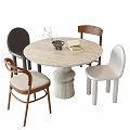 Round Stone Pedestal Dining Table Set With Mixed Style Chairs And Decorative Items 3d model