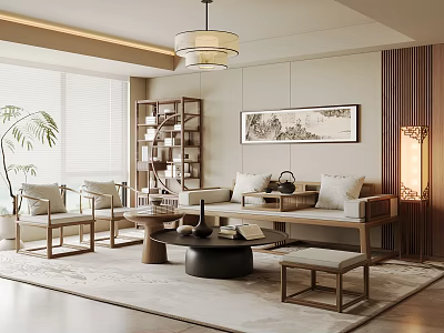 New Chinese Style Living Room Song Style Chinese Style Sofa Coffee Table Combination Solid Wood Coffee Table Bogu Frame Leisure Sofa Chair Sofa Editing Chandelier Decorative Painting Table Lamp 3d model