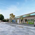 Outdoor Canopy in Open Plaza with Stone Pavement Green Trees and Blue Sky